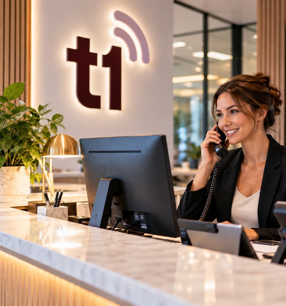 Receptioniste aan de telefoon aan een balie, met het verlichte t1-logo op de wand