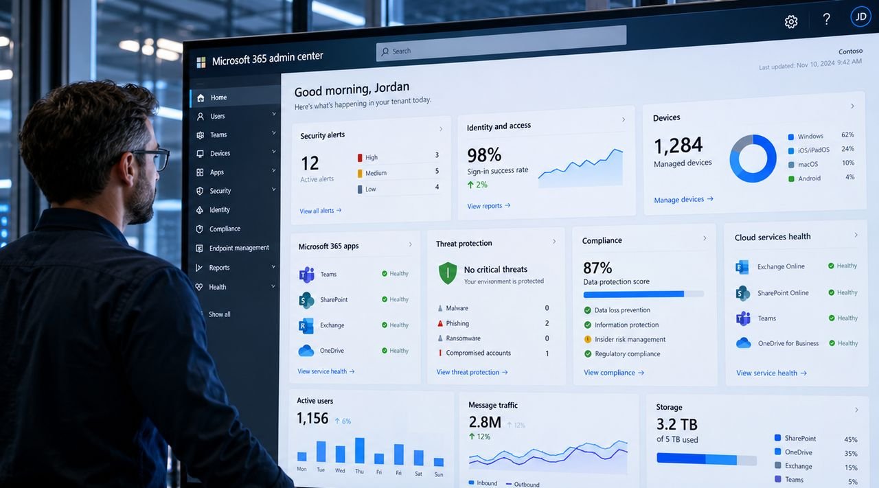 Beheerder kijkt naar een groot scherm met het beheeroverzicht van Microsoft 365: beveiligingsmeldingen, apparaten en de status van de cloudservices